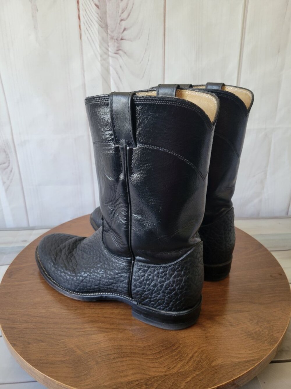 Justin 3187 Black Bull Hide Roper Boots, Men’s 9.5 Made in USA Western Cowboy - Picture 3 of 9